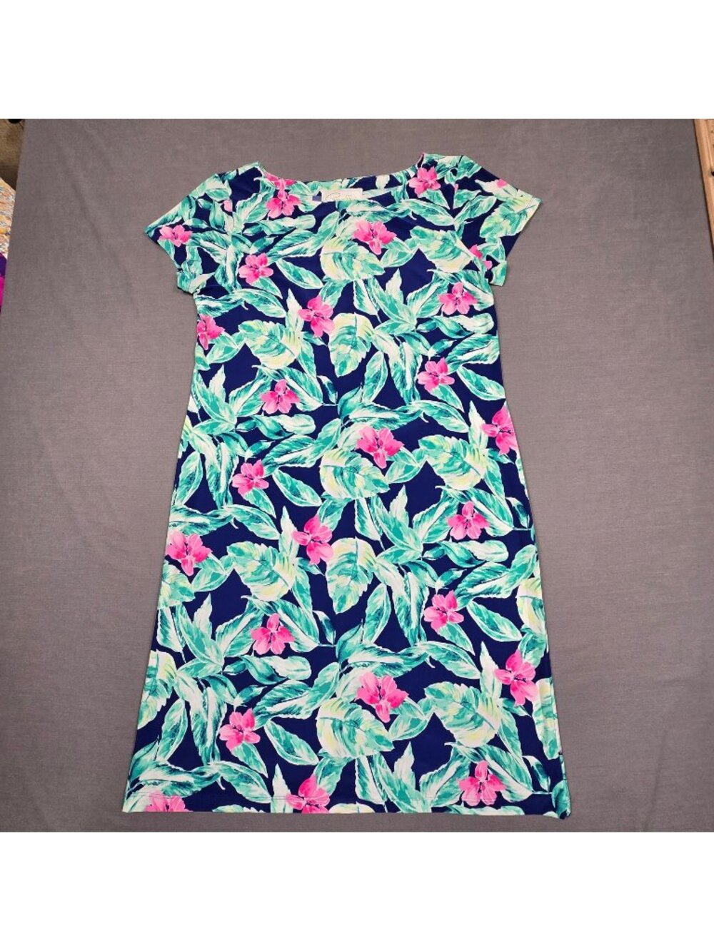 Pappagallo Medium Floral Short Sleeve Midi Dress Navy & Pink Tropical Print